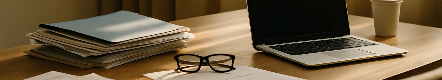 Bureau fermé avec lumière naturelle, ordinateur portable éteint, piles de documents et lunettes posées sur la table