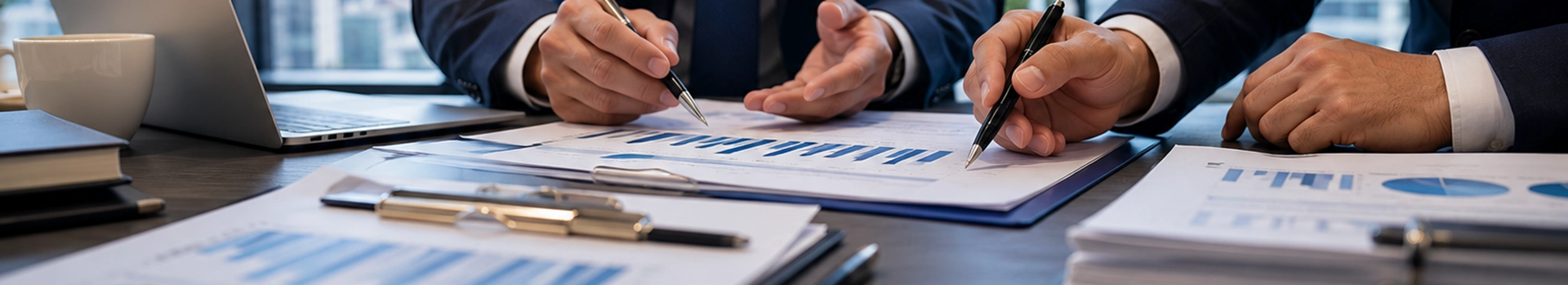 Deux professionnels analysant des documents financiers lors d’une réunion liée à une opération d’apport ou de fusion.