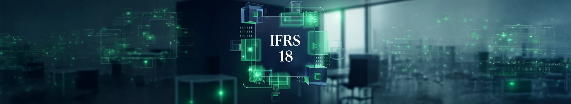 Illustration conceptuelle de la norme IFRS 18 encadrée par des éléments graphiques numériques symbolisant la réforme du reporting financier